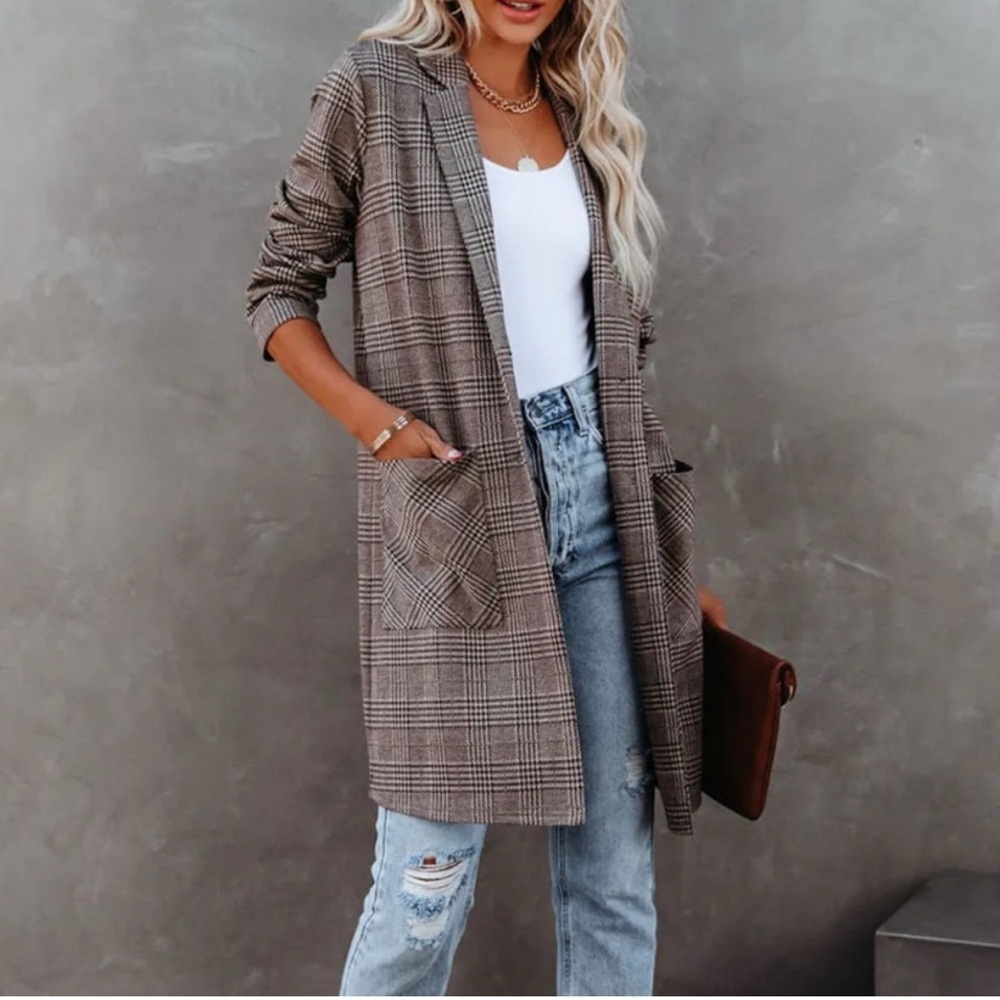 NWT En Creme Plaid Pocket Knit Coatigan Cardigan Coat Button Chocolate Taupe - Picture 2 of 10
